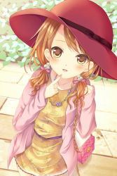 Rule 34 | 10s, 1girl, bag, belt, blush, brown eyes, brown hair, dress, finger to mouth, floral print, harukaruha, hat, hat ribbon, highres, houjou karen, idolmaster, idolmaster cinderella girls, jacket, jewelry, low twintails, necklace, open clothes, open jacket, open mouth, ribbon, smile, solo, twintails, yellow dress