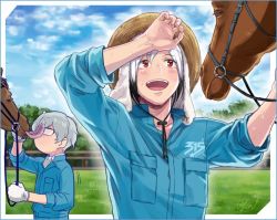 Rule 34 | 10s, 2boys, ascot, blue sky, day, fence, glasses, hat, hazama michio, horse, idolmaster, idolmaster side-m, jumpsuit, kitamura sora, licking, male focus, multicolored hair, multiple boys, reins, sky, sun hat, sweat, tongue, tongue out, white hair