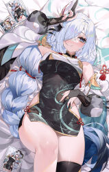 Rule 34 | 1girl, absurdres, alternate costume, aqua nails, arm up, bed sheet, blue eyes, braid, breast curtain, breasts, bridal gauntlets, china dress, chinese clothes, dress, genshin impact, hair ornament, hair over one eye, highres, hip vent, large breasts, looking at viewer, low-braided long hair, low-tied long hair, lying, on back, parted lips, photo (object), shenhe (genshin impact), short dress, single thighhigh, solo, sweatdrop, tassel, thighhighs, thighs, white hair, yuia