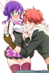Rule 34 | 10s, 1boy, 1girl, animal ears, aquarion (series), aquarion evol, bad id, bad pixiv id, blush, bow, bowtie, embarrassed, fang, forced, fur, gloves, green eyes, highres, kagura demuri, koharu (mh), mikono suzushiro, mouth hold, no panties, pleated skirt, purple hair, purple thighhighs, rabbit ears, red hair, simple background, skirt, tearing clothes, tears, thighhighs, torn clothes, white background, yellow eyes