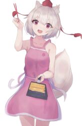 Rule 34 | 1girl, :d, animal ear fluff, animal ears, apron, arm up, chopsticks, cooking, food, highres, holding, holding chopsticks, holding pan, inubashiri momiji, matcha yado, naked apron, open mouth, pancake, pink apron, pom pom (clothes), red eyes, short hair, simple background, smile, solo, tail, touhou, upper body, white background, white hair, wolf ears, wolf girl, wolf tail