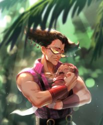 Rule 34 | 2boys, alessi, baby, bell, brown hair, closed mouth, collared shirt, crying, fangs, hair ornament, holding baby, jojo no kimyou na bouken, lips, mannish boy, multiple boys, outdoors, palm tree, pink shirt, red eyes, shirt, sleeveless, stardust crusaders, sunglasses, suspenders, tears, tree, zouhyou (at4190)