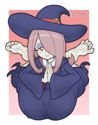 Rule 34 | 1girl, barefoot, commission, feet, foot focus, hair over one eye, hat, highres, little witch academia, own hands together, purple hair, red eyes, soles, solo, spread toes, sucy manbavaran, toenails, toes, tsukimaru (ls 99ml), witch, witch hat
