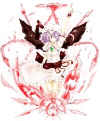 Rule 34 | arm above head, broken, broken chain, chain, dress, hat, highres, light purple hair, miserable fate, mob cap, n72, pink dress, pointing, puffy short sleeves, puffy sleeves, red eyes, remilia scarlet, short sleeves, solo, spell card, touhou, wrist cuffs