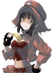 Rule 34 | 1girl, bad id, bad pixiv id, banana, belko, belt, between breasts, black eyes, black hair, breasts, cleavage, female focus, fingerless gloves, food, from side, fruit, gloves, hand on own hip, hat, large breasts, looking at viewer, navel, sennen sensou aigis, sexually suggestive, simple background, skull and crossbones, smirk, solo, upper body, verotte (sennen sensou aigis), white background