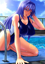 Rule 34 | 1girl, adjusting hair, arm support, arm up, blue hair, blush, breasts, cameltoe, chain-link fence, cleavage, cloud, competition swimsuit, day, fence, hair intakes, highres, huge breasts, jpeg artifacts, large breasts, long hair, maken-ki!, nijou aki, one-piece swimsuit, pool, pool ladder, poolside, purple eyes, school swimsuit, sky, snappop, solo, sparkle, swimsuit, water, wet