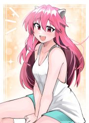 Rule 34 | 1girl, :d, absurdres, animal ears, cat ears, elfen lied, hair between eyes, highres, horns, kumaartsu, long hair, looking at viewer, lucy (elfen lied), open mouth, pink eyes, pink hair, shirt, shorts, sleeveless, smile, solo, white shirt