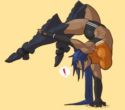 Rule 34 | !, 1girl, ass, balancing, bike shorts, blue eyes, blue hair, boots, breasts, crack, cracked floor, crop top, dark-skinned female, dark skin, elbow gloves, exercising, fingerless gloves, foxbat (hutago), full body, gloves, handstand, highres, hutago, large breasts, long hair, looking at viewer, one arm handstand, original, parted lips, ponytail, sidelocks, simple background, solo, sweat