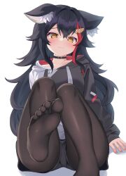 Rule 34 | 1girl, absurdres, animal ears, black hair, blush, feet, highres, hololive, long hair, looking at viewer, multicolored hair, ookami mio, pantyhose, short shorts, shorts, soles, streaked hair, toes, virtual youtuber, yellow eyes
