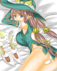 Rule 34 | 1girl, ass, back, bare shoulders, blue eyes, breasts, brown hair, chinese clothes, detached sleeves, dress, frills, hat, highres, long hair, panties, pointy ears, ribbon, rinna mayfield, shining (series), shining resonance, smile, underwear, witch hat