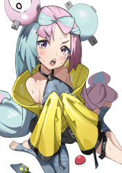 Rule 34 | 1girl, absurdres, armpits, barefoot, bow-shaped hair, character hair ornament, creatures (company), cyan yu, game freak, hair ornament, hexagon print, highres, iono (pokemon), jacket, long hair, low-tied long hair, multicolored hair, nintendo, oversized clothes, pink eyes, pink hair, pokemon, pokemon sv, sharp teeth, sleeves past fingers, sleeves past wrists, solo, teeth, twintails, two-tone hair, very long hair, very long sleeves, x, yellow jacket