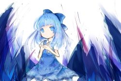Rule 34 | artist request, bad id, bad pixiv id, blue eyes, blue hair, cirno, closed mouth, dot mouth, dress, embodiment of scarlet devil, pinafore dress, re roar, ribbon, short hair, sleeveless, sleeveless dress, solo, touhou