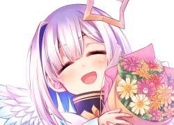 Rule 34 | 1girl, = =, ahoge, amane kanata, amane kanata (1st costume), angel, angel wings, blue bow, blue bowtie, blue eyes, blush, bob cut, bouquet, bow, bowtie, close-up, closed eyes, colored inner hair, commentary request, feathered wings, flower, hair between eyes, halo, happy, hikawa shou, holding, holding bouquet, hololive, medium hair, multicolored hair, open mouth, silver hair, simple background, single hair intake, smile, solo, star halo, streaked hair, teardrop, virtual youtuber, wings