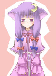 Rule 34 | 1girl, animal ears, blush, bow, capelet, cat ears, cat girl, crescent, crescent hair ornament, female focus, hair bow, hair ornament, hane (hanegoya), kemonomimi mode, long hair, multiple hair bows, no headwear, patchouli knowledge, purple eyes, purple hair, robe, sad, shy, simple background, solo, touhou