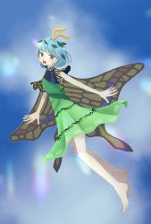 Rule 34 | 1girl, antennae, aqua hair, bad anatomy, bad arm, bad hands, barefoot, blush, brown eyes, butterfly wings, dress, eternity larva, fairy, full body, geminico, green dress, highres, insect wings, leaf, leaf on head, multicolored clothes, multicolored dress, open mouth, short hair, short sleeves, signature, smile, solo, touhou, wings