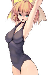 Rule 34 | 1girl, armpits, arms up, blonde hair, blue eyes, bow, breasts, cowboy shot, hair bow, highres, impossible clothes, impossible swimsuit, kouno (masao), looking at viewer, medium breasts, one-piece swimsuit, original, photoshop (medium), revision, school swimsuit, short hair, solo, swimsuit, white background, yellow bow