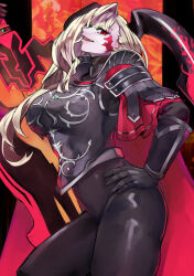 Rule 34 | 1girl, absurdres, arm guards, armor, asymmetrical bangs, black armor, black bodysuit, black gloves, blonde hair, bodysuit, breastplate, breasts, facial mark, fangs, fate/grand order, fate (series), gloves, greatsword, gumi (the eye of darkness), hair over one eye, highres, horns, large breasts, long hair, looking at viewer, nero claudius (fate), nero claudius (fate) (all), open mouth, pauldrons, pointy ears, queen draco (fate), queen draco (third ascension) (fate), red eyes, shoulder armor, smile, solo, sword, thighs, weapon