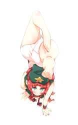 Rule 34 | 1girl, aqua eyes, ass, bad id, bad pixiv id, barefoot, blush, braid, chinese clothes, dress, foreshortening, from above, full body, hair ribbon, handstand, hat, highres, hong meiling, long hair, looking at viewer, looking up, non (z-art), open mouth, panties, red hair, ribbon, side braids, simple background, sleeveless, solo, top-down bottom-up, touhou, tress ribbon, twin braids, underwear, white background, white panties, wrist cuffs