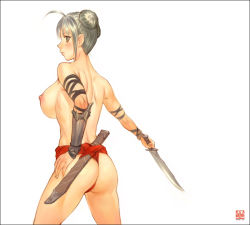 Rule 34 | 1girl, ahoge, ariverkao, ass, breasts, double bun, fundoshi, grey hair, hand on own hip, hip focus, japanese clothes, knife, large breasts, looking back, nipples, original, scabbard, sheath, short hair, solo, standing, topless