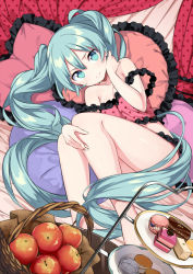 Rule 34 | 1girl, apple, aqua eyes, aqua hair, basket, bed, cake, commentary, food, frilled pillow, frills, fruit, hatsune miku, hatsune miku graphy collection, kiya machi, long hair, looking at viewer, lying, macaron, on side, pillow, romeo to cinderella (vocaloid), solo, twintails, very long hair, vocaloid