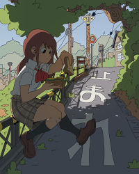 Rule 34 | 1girl, black eyes, black socks, blue sky, bow, bowtie, bread, brown footwear, brown hair, brown skirt, building, collared shirt, day, food, full body, grass, highres, lettuce, loafers, long hair, original, outdoors, plaid, plaid skirt, plant, power lines, railing, red bow, red bowtie, road, road sign, sandwich, school uniform, scott malin, shade, shadow, shirt, shirt tucked in, shoes, short sleeves, sign, sitting, skirt, sky, socks, solo, translated, tree, utility pole, white shirt