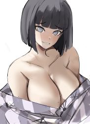 Rule 34 | 1girl, bad id, bad twitter id, bare shoulders, black hair, blunt bangs, blunt ends, boruto: naruto next generations, breasts, cleavage, closed mouth, collarbone, commentary, english commentary, grey eyes, grin, head tilt, highres, hyuuga hinata, large breasts, looking at viewer, mature female, naruto (series), off shoulder, rakeemspoon, revision, short hair, simple background, sleeveless, smile, solo, strapless, upper body, white background