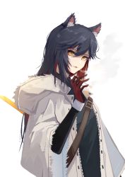 Rule 34 | 1girl, animal ear fluff, animal ears, arknights, black hair, black shirt, chest strap, cigarette, coat, fur-trimmed hood, fur-trimmed sleeves, fur trim, gloves, hair between eyes, holding, holding cigarette, hood, hood down, hooded coat, huainian guoqu, long hair, long sleeves, looking at viewer, official alternate costume, open clothes, open coat, parted lips, red gloves, shirt, sidelocks, solo, texas (arknights), texas (winter messenger) (arknights), upper body, winter clothes, winter coat, wolf ears, wolf girl, yellow eyes