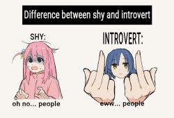 Rule 34 | 2girls, asymmetrical sidelocks, blue eyes, blue hair, bocchi the rock!, comparison, cube hair ornament, dide6an, difference between shy and introvert (meme), double middle finger, english text, gotoh hitori, hair ornament, jacket, long hair, long sleeves, looking at viewer, meme, middle finger, mole, mole under eye, multiple girls, one side up, open mouth, pink hair, pink jacket, pink track suit, short hair, shy, side ponytail, simple background, yamada ryo, yellow eyes