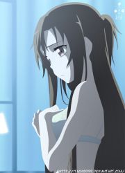 Rule 34 | 1girl, armpits, artist name, asuna (sao), back, blush, bra, breasts, cleavage, clenched hands, closed mouth, unworn clothes, collarbone, deviantart username, embarrassed, eyelashes, female focus, fingernails, from side, hands on own chest, indoors, long hair, looking down, matching hair/eyes, medium breasts, midriff, navel, neck, night, orange eyes, orange hair, panties, parted bangs, redrawn, shiny skin, sideboob, sidelocks, standing, sword art online, underwear, underwear only, upper body, white bra, white panties