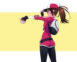Rule 34 | 10s, 1girl, ass, backpack, bag, baseball cap, breasts, brown hair, creatures (company), cropped jacket, female protagonist (pokemon go), fingerless gloves, from side, game freak, gloves, hat, highres, holding, holding poke ball, leggings, long hair, medium breasts, murakami suigun, nintendo, outstretched arm, peaked cap, poke ball, pokemon, pokemon go, ponytail, profile, solo
