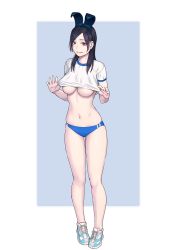 Rule 34 | 1girl, animal ears, bare legs, black hair, breasts, brown eyes, commentary request, fake animal ears, full body, gym shirt, gym shorts, gym uniform, hairband, highres, large breasts, long hair, looking at viewer, micro shorts, no bra, original, parted lips, rabbit ears, shirt, shoes, short sleeves, shorts, simple background, smile, sneakers, solo, underboob, white shirt, yuuji (and)
