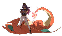 Rule 34 | 1boy, baseball cap, champion uniform, charizard, closed mouth, commentary request, creatures (company), crossed arms, dark-skinned male, dark skin, facial hair, fire, flame-tipped tail, game freak, gen 1 pokemon, hat, highres, korean commentary, leggings, legs apart, leon (pokemon), long hair, looking down, male focus, nintendo, pokemon, pokemon (creature), pokemon swsh, purple hair, redlhzz, shield print, shirt, short shorts, short sleeves, shorts, simple background, standing, sword print, white background, white legwear, white shorts, yellow eyes