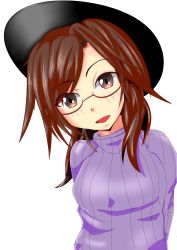 Rule 34 | 1girl, absurdres, alternate costume, ardens, arms behind back, blush, brown eyes, brown hair, glasses, hat, head tilt, highres, looking at viewer, open mouth, ribbed sweater, semi-rimless eyewear, short hair, simple background, solo, sweater, touhou, under-rim eyewear, upper body, usami sumireko, white background