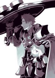 Rule 34 | 1boy, 1girl, animoool, armor, breasts, cape, fate/grand order, fate (series), father and daughter, gauntlets, hair over one eye, holding, holding shield, lancelot (fate/grand order), limited palette, mash kyrielight, medium breasts, pauldrons, shield, shoulder armor, twitter username