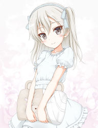 Rule 34 | 1girl, blue bow, blue hairband, blush, boko (girls und panzer), bow, brown eyes, brown hair, closed mouth, collarbone, commentary request, dress, flipper, frilled bow, frilled dress, frilled hairband, frills, girls und panzer, hair between eyes, hair bow, hairband, highres, holding, long hair, one side up, puffy short sleeves, puffy sleeves, shimada arisu, short sleeves, smile, solo, white dress