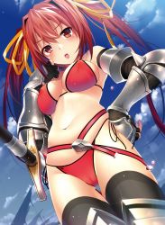 Rule 34 | 1girl, armor, bikini, black gloves, black thighhighs, blue sky, blush, breasts, cameltoe, covered erect nipples, day, dengeki moeou, dutch angle, elbow gloves, embarrassed, fingerless gloves, from below, glint, gloves, gluteal fold, greaves, hair ribbon, hand on own hip, highres, long hair, looking at viewer, machimura komori, medium breasts, open mouth, red bikini, red eyes, red hair, ribbon, side-tie bikini bottom, sky, solo, string bikini, sweat, swimsuit, sword, thighhighs, twintails, vambraces, warrior, weapon
