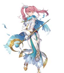 Rule 34 | 1girl, belt, detached sleeves, dress, eihi, feather trim, fire emblem, fire emblem: the blazing blade, fire emblem heroes, full body, fur trim, gloves, gold trim, gradient clothes, hair ornament, hand up, highres, long dress, long hair, long sleeves, nintendo, official art, pink hair, purple eyes, scarf, serra (fire emblem), smile, solo, torn clothes, torn dress, torn sleeves, transparent background, twintails, white gloves