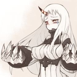 Rule 34 | 10s, 1girl, abyssal ship, bags under eyes, bare shoulders, breasts, claws, colored skin, crying, crying with eyes open, detached sleeves, dress, female focus, horns, kaginoni, kantai collection, large breasts, open mouth, red eyes, ribbed sweater, seaport princess, single horn, solo, sweater, sweater dress, tears, white hair, white skin