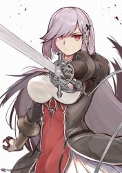 Rule 34 | 1girl, azur lane, breasts, dunkerque (azur lane), grey hair, hair ornament, highres, large breasts, long hair, marshall k, perspective, red eyes, sidelocks, simple background, solo, sword, weapon, white background
