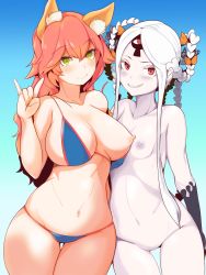 Rule 34 | 2girls, abigail williams (fate), abigail williams (swimsuit foreigner) (fate), absurdres, animal ear fluff, animal ears, bikini, blue bikini, blush, bow, breasts, clenched teeth, closed mouth, collarbone, colored nipples, fate/grand order, fate (series), fox ears, fox shadow puppet, grey nipples, hair bow, hand up, hekiga (freelot), highres, large breasts, long hair, looking at viewer, multiple girls, navel, nipples, nude, one breast out, orange bow, pale skin, pink hair, red eyes, sharp teeth, small breasts, smile, swimsuit, tamamo (fate), tamamo no mae (fate/extra), tamamo no mae (swimsuit lancer) (fate), teeth, white hair, yellow eyes