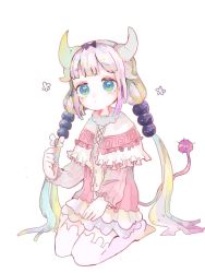 Rule 34 | aqua eyes, beads, black bow, blunt bangs, bow, bug, butterfly, capelet, child, dragon girl, dragon horns, dragon tail, frilled capelet, frills, full body, hair beads, hair ornament, hanataro (sruvhqkehy1zied), highres, horns, insect, kanna kamui, kneeling, kobayashi-san chi no maidragon, long hair, pink hair, simple background, solo, tail, thighhighs, twintails, very long hair, white background, white thighhighs