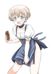 Rule 34 | 10s, 1girl, alternate costume, apron, blue apron, blue eyes, covering privates, covering crotch, dirndl, dress, food, german clothes, kanabun, kantai collection, open mouth, pretzel, short hair, silver hair, solo, torn clothes, waist apron, z1 leberecht maass (kancolle)