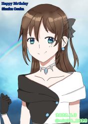 Rule 34 | 1girl, 2022, aqua eyes, artist name, artist request, back bow, bare shoulders, belt, black dress, black gloves, blue eyes, blue sky, blush, bow, bow hairband, breasts, brooch, brown hair, buttons, choker, clenched hand, cloud, collarbone, dated, day, diamond (gemstone), dress, drop earrings, earrings, evening gown, female focus, gloves, grey belt, grey bow, hair between eyes, hair bow, hairband, half updo, high ponytail, jewelry, lace, lace gloves, long hair, looking at viewer, love live!, love live! nijigasaki high school idol club, love live! school idol festival, multicolored clothes, multicolored dress, off-shoulder dress, off shoulder, osaka shizuku, outdoors, parted lips, plaid, plaid dress, pleated, pleated dress, ponytail, rainbow, sky, sleeveless, sleeveless dress, small breasts, smile, solitude rain (love live!), solo, two-tone dress, upper body, white bow, white choker, white dress