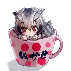 Rule 34 | 10s, 1girl, bird tail, bird wings, blonde hair, check translation, coat, cup, full body, grey hair, head wings, highres, in container, in cup, kemono friends, long sleeves, multicolored hair, northern white-faced owl (kemono friends), owl ears, short hair, simple background, solo, tail, takami masahiro, teacup, translation request, white background, white hair, wings
