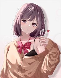 Rule 34 | 1girl, black bra, black nails, bow, bowtie, bra, braid, brown cardigan, brown eyes, brown hair, buttons, cardigan, cardigan partially removed, fingernails, fuyutsuki11, hair bow, hand on own shoulder, heart, highres, long sleeves, looking at viewer, nail polish, no shirt, off shoulder, parted lips, project sekai, red bow, red bowtie, school uniform, shadow, shinonome ena, short hair, short sleeves, simple background, single braid, sleeves past wrists, solo, striped bow, striped bowtie, striped clothes, underwear, white background, white bow