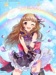 Rule 34 | 10s, 1girl, ;d, artist name, blush, bow, brown hair, eyebrows, fingerless gloves, gloves, highres, idolmaster, idolmaster cinderella girls, idolmaster cinderella girls starlight stage, kamiya nao, long hair, looking at viewer, musical note, one eye closed, open mouth, petals, quaver, rainbow, red eyes, seozo, signature, smile, solo, star (symbol), thick eyebrows, transparent, transparent umbrella, twitter username, umbrella