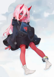 Rule 34 | 10s, 1girl, anklet, aqua eyes, arm at side, bandages, bandaged foot, bandaged foot, bandages, book, closed mouth, colored skin, darling in the franxx, dywx poison, expressionless, full body, hair between eyes, head tilt, highres, holding, holding book, hood, hood down, hooded robe, horns, jewelry, long hair, long sleeves, looking at viewer, nail polish, oni, pink hair, red nails, red pupils, red skin, robe, sitting, sleeves past wrists, snowing, solo, spoilers, very long hair, wide sleeves, winter, aged down, zero two (darling in the franxx)
