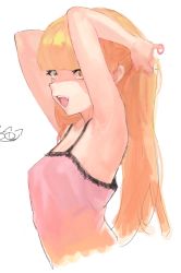 Rule 34 | 1girl, :d, bad id, bad pixiv id, bare arms, bare shoulders, blonde hair, camisole, from side, hair tie, hands up, idolmaster, idolmaster cinderella girls, jougasaki rika, long hair, looking at viewer, looking to the side, open mouth, simple background, smile, solo, suisogenshi, white background, yellow eyes