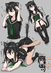 1girl 1other absurdres all_fours animal_ear_fluff animal_ears black_eyes black_hair black_sailor_collar black_serafuku black_shirt black_skirt black_socks breasts brown_footwear cat_ears cat_girl cat_tail chibi closed_eyes collarbone commentary_request double-parted_bangs empty_eyes fish_in_mouth fuku_(fuku12290574) green_neckerchief grey_background hair_between_eyes highres holding_chibi kneehighs knees_up legs_up loafers long_hair lying midriff motion_lines multiple_views navel neckerchief on_back original patting_back pout sailor_collar school_uniform serafuku shadow shirt shoes short_sleeves sidelocks simple_background skirt small_breasts socks tail translation_request wide-eyed