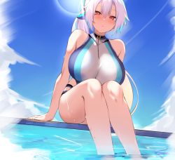 Rule 34 | 1girl, blue bow, blue one-piece swimsuit, blue sky, bow, breasts, commentary, fate/grand order, fate (series), hair between eyes, hair bow, highleg, highleg swimsuit, highres, large breasts, lens flare, long hair, looking at viewer, one-piece swimsuit, ponytail, red eyes, silver hair, sitting, sky, solo, spider apple, sunlight, swimsuit, symbol-only commentary, thigh strap, thighs, tomoe gozen (fate), tomoe gozen (swimsuit saber) (fate), two-tone swimsuit, water, wet, white one-piece swimsuit
